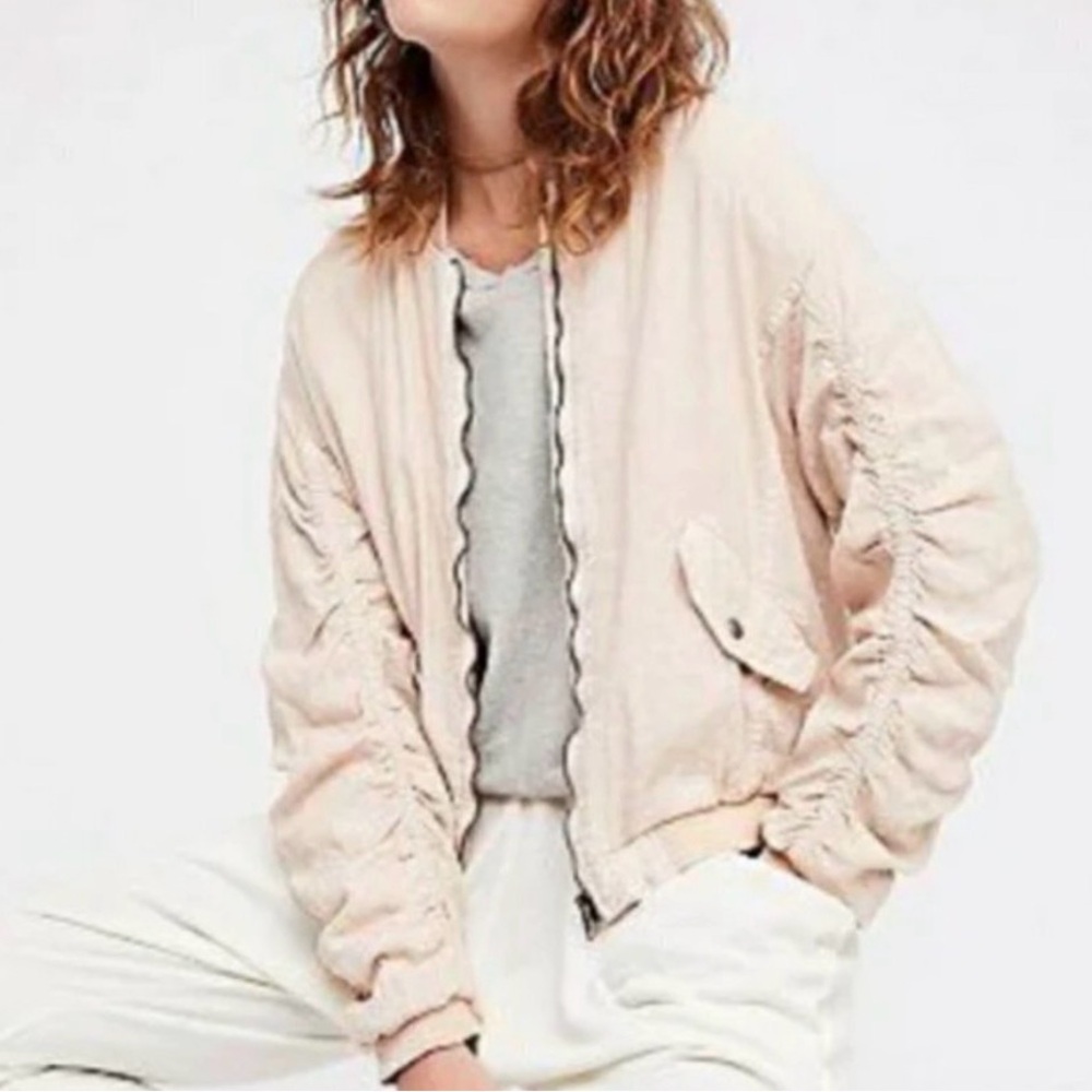 Free People Light Pink ruched line Bomber Jacket